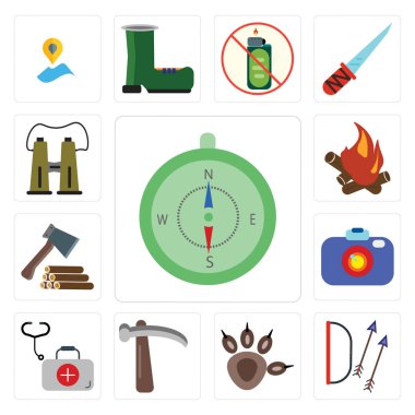 Pusula, oklar, Pawprint, çekme, ilk yardım gibi ayarla, 13 basit düzenlenebilir simgeler kit, kamera, balta, şenlik ateşi, dürbün, web kullanıcı arabirimi simge paketi