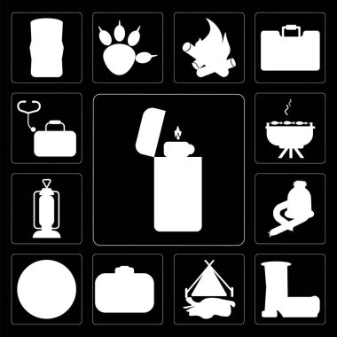Siyah arka plan üzerine 13 ayarla çakmak, önyükleme, çadır, kamera, şapka, fener, Barbekü, ilk yardım gibi basit düzenlenebilir simgeler kit