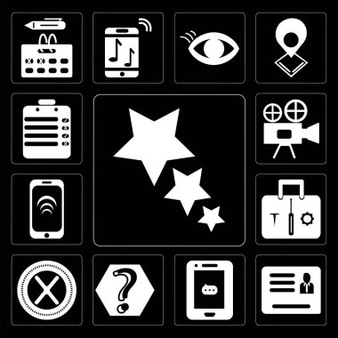 Yıldız, ID, Smartphone, bilgi, çarpın, kartı 13 basit düzenlenebilir simgelerin ayarlamak ayarları, Video kamera, siyah arka plan üzerine listelemek