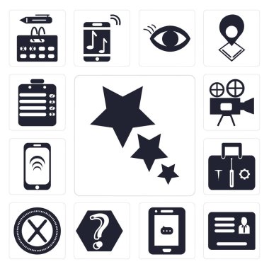 Yıldız, kimlik kartı, akıllı telefon, bilgi gibi 13 basit düzenlenebilir simgelerin ayarlamak, çarp, ayarları, Video kamera, liste, web kullanıcı arabirimi simge paketi