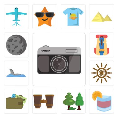 13 ayarlamak fotoğraf makinesi, kokteyl, orman, dürbün, çanta, dümen, köpekbalığı, sırt çantası, Moon, gibi basit düzenlenebilir simgeleri web UI Icon pack