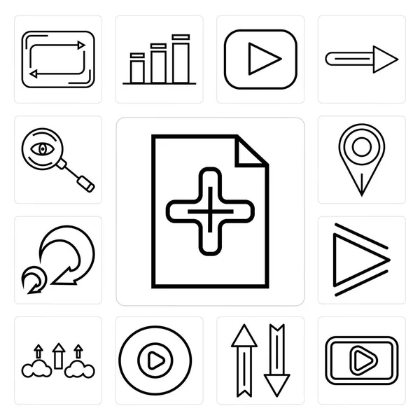 Set Of 13 simple editable icons such as Add new document, YouTube, Mouse arrow, Press play button, Cloud upload, Play Turn right Map pointer, web ui icon pack