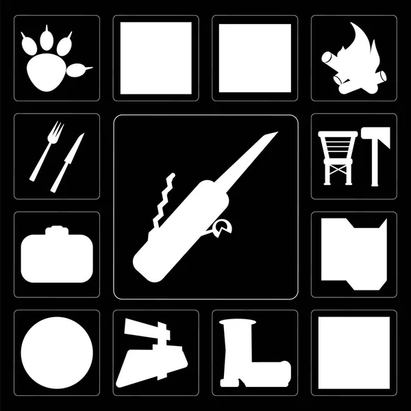 一套13个简单的可编辑图标 如瑞士刀 打火机 野营椅 在黑色背景的餐具 — 图库照片
