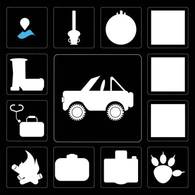 Jeep, Pawprint, kamera, şenlik ateşi, dağlar, ilk yardım gibi ayarla, 13 basit düzenlenebilir simgeler kit, kürek, siyah arka plan üstünde çizme