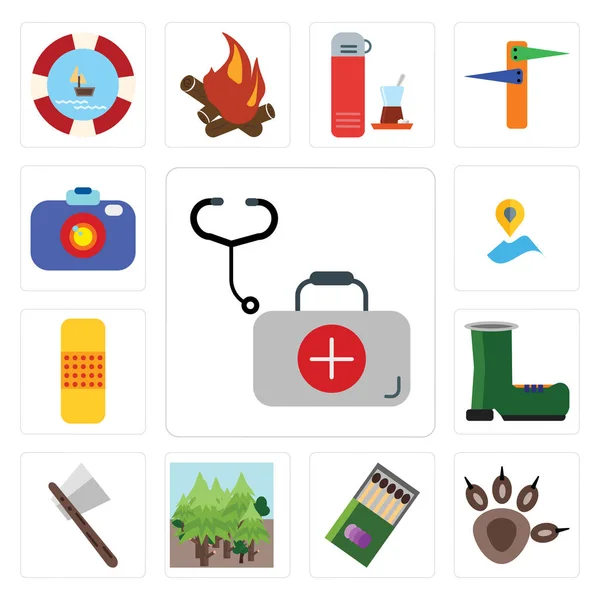 Set Simple Editable Icons First Aid Kit Pawprint Matches Forest — Stock Photo, Image