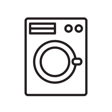 Beyaz arka plan, çamaşır makinesi şeffaf işareti, doğrusal sembolü ve kontur tasarım öğeleri anahat tarzı izole çamaşır makinesi simge vektör