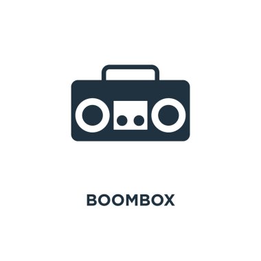 Boombox simgesi. Siyah vektör çizim dolu. Beyaz arka plan Boombox sembolü. Web ve mobil kullanılabilir.