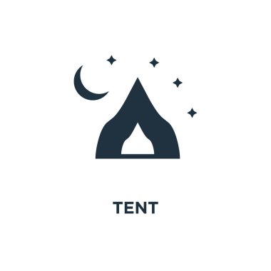 Çadır simgesi. Siyah vektör çizim dolu. Beyaz arka plan üzerinde çadır sembolü. Web ve mobil kullanılabilir.