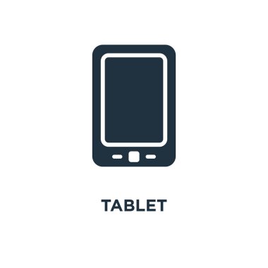 Tablet simgesi. Siyah vektör çizim dolu. Beyaz arka plan tablet sembolü. Web ve mobil kullanılabilir.