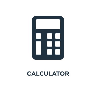Hesap makinesi simge. Siyah vektör çizim dolu. Beyaz arka plan üzerinde hesap makinesi simge. Web ve mobil kullanılabilir.