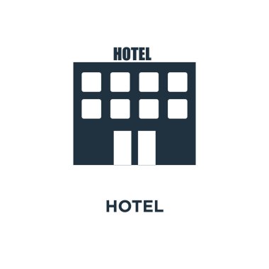 Hotel Icon. Siyah vektör çizim dolu. Beyaz arka plan otel sembolü. Web ve mobil kullanılabilir.