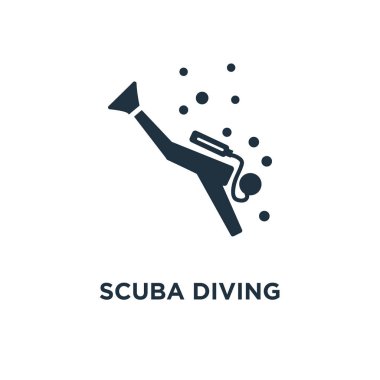 Scuba diving simgesi. Siyah vektör çizim dolu. Beyaz arka plan tüplü dalış sembolü. Web ve mobil kullanılabilir.