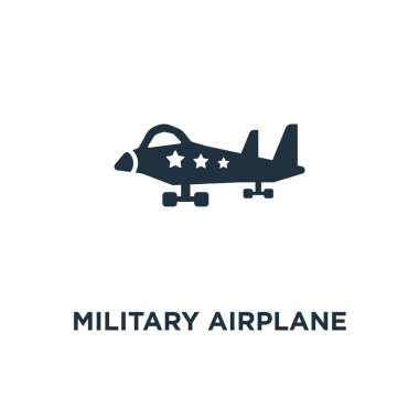 Askeri uçak simgesi. Siyah vektör çizim dolu. Beyaz arka plan askeri uçak sembolü. Web ve mobil kullanılabilir.