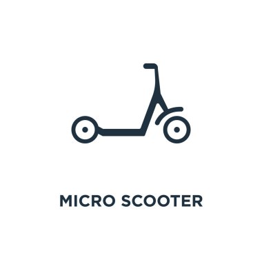 Mikro scooter simgesi. Siyah vektör çizim dolu. Beyaz arka plan üzerinde mikro scooter sembolü. Web ve mobil kullanılabilir.