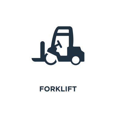 Forklift simgesi. Siyah vektör çizim dolu. Beyaz arka plan forklift sembolü. Web ve mobil kullanılabilir.