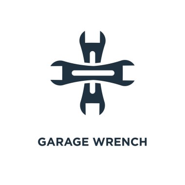 Garaj Wrench kutsal kişilerin resmi. Siyah vektör çizim dolu. Beyaz arka plan garaj anahtarı sembolü. Web ve mobil kullanılabilir.