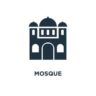 Cami simgesi. Siyah vektör çizim dolu. Beyaz arka plan Camii sembolü. Web ve mobil kullanılabilir.
