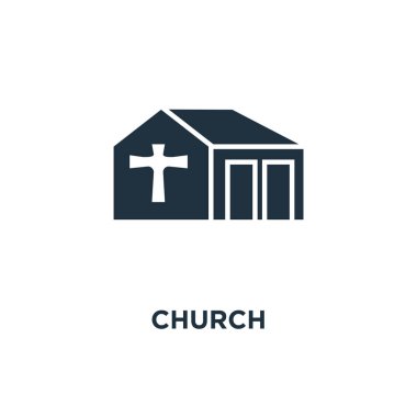 Kilise kutsal kişilerin resmi. Siyah vektör çizim dolu. Beyaz arka planlı kilise sembolü. Web ve mobil kullanılabilir.