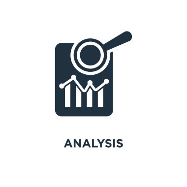 Analiz simgesi. Siyah vektör çizim dolu. Beyaz arka plan üzerinde analiz sembolü. Web ve mobil kullanılabilir.