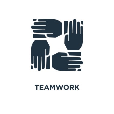 Ekip çalışması simgesi. Siyah vektör çizim dolu. Beyaz arka plan çalışması sembolü. Web ve mobil kullanılabilir.