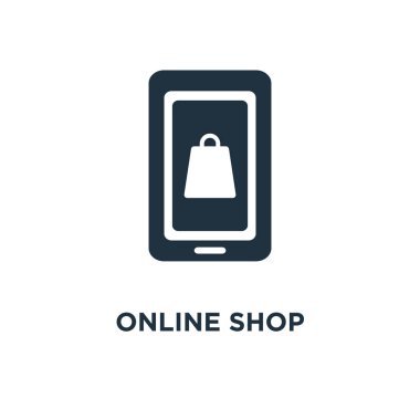Online alışveriş simgesi. Siyah vektör çizim dolu. Beyaz arka plan online alışveriş sembolü. Web ve mobil kullanılabilir.