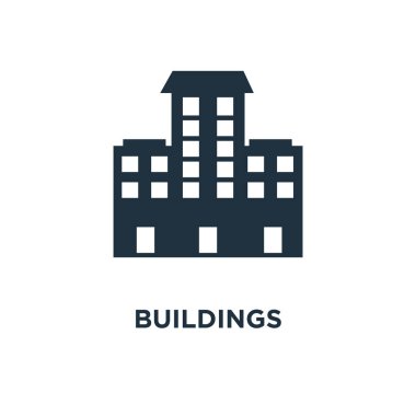 Binalar simgesi. Siyah vektör çizim dolu. Beyaz arka plan binalar sembolü. Web ve mobil kullanılabilir.