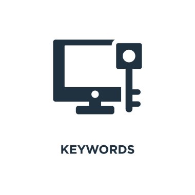 Anahtar kelimeler simge. Siyah vektör çizim dolu. Beyaz arka plan anahtar kelimeler sembolü. Web ve mobil kullanılabilir.