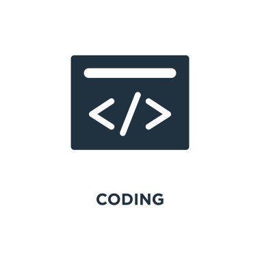 Simge kodlama. Siyah vektör çizim dolu. Beyaz arka planda kodlama sembolü. Web ve mobil kullanılabilir.