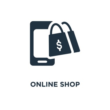 Online alışveriş simgesi. Siyah vektör çizim dolu. Beyaz arka plan online alışveriş sembolü. Web ve mobil kullanılabilir.
