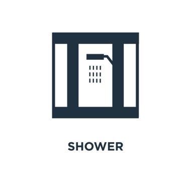 Duş simgesi. Siyah vektör çizim dolu. Beyaz arka plan duş sembolü. Web ve mobil kullanılabilir.