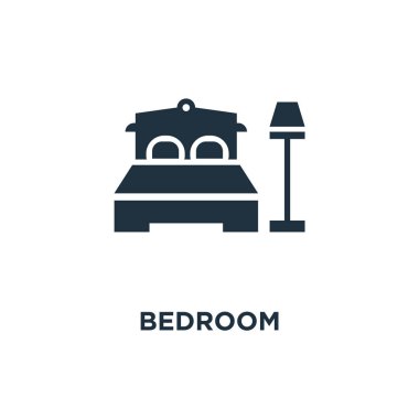 Yatak odası simgesi. Siyah vektör çizim dolu. Beyaz arka plan yatak sembolü. Web ve mobil kullanılabilir.