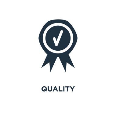 Kalite simgesi. Siyah vektör çizim dolu. Beyaz arka plan kalite sembolü. Web ve mobil kullanılabilir.