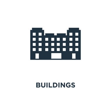 Binalar simgesi. Siyah vektör çizim dolu. Beyaz arka plan binalar sembolü. Web ve mobil kullanılabilir.