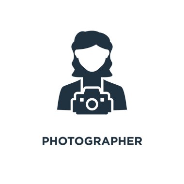 Fotoğrafçı simgesi. Siyah vektör çizim dolu. Beyaz arka plan fotoğrafçı sembolü. Web ve mobil kullanılabilir.