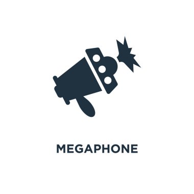 Megafon simgesi. Siyah vektör çizim dolu. Beyaz arka plan megafon sembolü. Web ve mobil kullanılabilir.