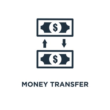 Para transferi simgesi. Siyah vektör çizim dolu. Para transferi sembolü beyaz arka plan. Web ve mobil kullanılabilir.