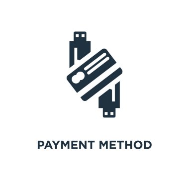 Ödeme yöntemi simgesi. Siyah vektör çizim dolu. Ödeme yöntemi sembolü beyaz arka plan. Web ve mobil kullanılabilir.