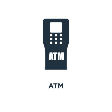 ATM simgesi. Siyah vektör çizim dolu. Beyaz arka plan ATM sembolü. Web ve mobil kullanılabilir.