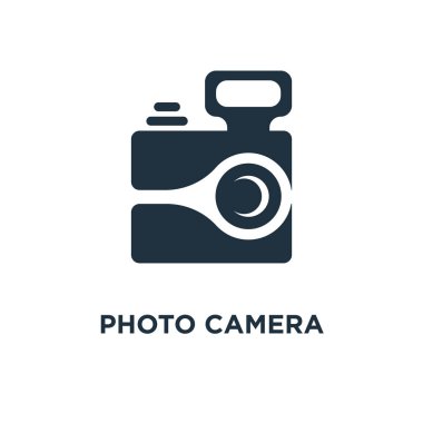 Fotoğraf kamera simgesi. Siyah vektör çizim dolu. Fotoğraf kamera simgesi beyaz arka plan üzerinde. Web ve mobil kullanılabilir.