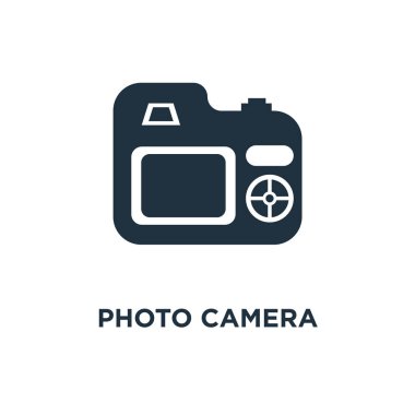 Fotoğraf kamera simgesi. Siyah vektör çizim dolu. Fotoğraf kamera simgesi beyaz arka plan üzerinde. Web ve mobil kullanılabilir.