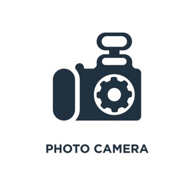 Fotoğraf kamera simgesi. Siyah vektör çizim dolu. Fotoğraf kamera simgesi beyaz arka plan üzerinde. Web ve mobil kullanılabilir.