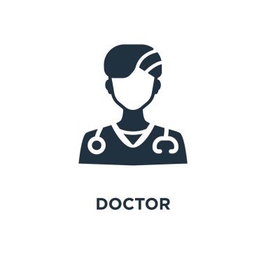 Doktor simgesi. Siyah vektör çizim dolu. Beyaz arka plan doktor sembolü. Web ve mobil kullanılabilir.