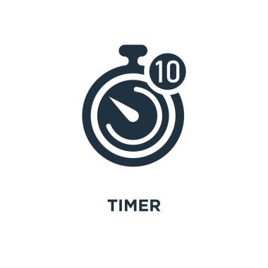 Zamanlayıcı simgesi. Siyah vektör çizim dolu. Zamanlayıcı simgesi beyaz arka plan üzerinde. Web ve mobil kullanılabilir.