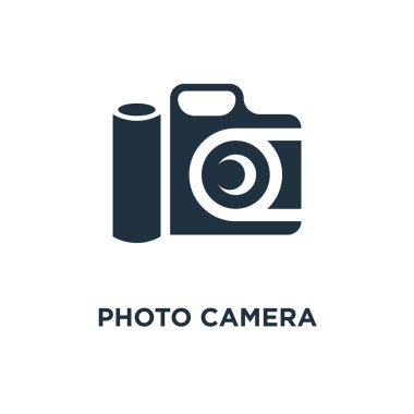 Fotoğraf kamera simgesi. Siyah vektör çizim dolu. Fotoğraf kamera simgesi beyaz arka plan üzerinde. Web ve mobil kullanılabilir.