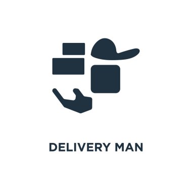 Teslimat adam simgesi. Siyah vektör çizim dolu. Beyaz arka plan teslimat adam sembolü. Web ve mobil kullanılabilir.