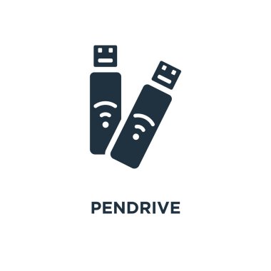Pendrive simgesi. Siyah vektör çizim dolu. Beyaz arka plan pendrive sembolü. Web ve mobil kullanılabilir.