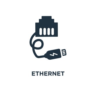 Ethernet simgesi. Siyah vektör çizim dolu. Beyaz arka plan Ethernet sembolü. Web ve mobil kullanılabilir.