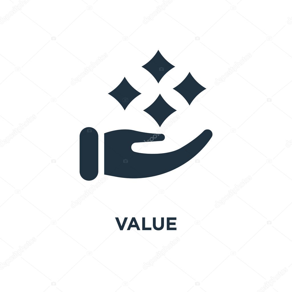 Value icon. Black filled vector illustration. Value symbol on white background. Can be used in web and mobile.