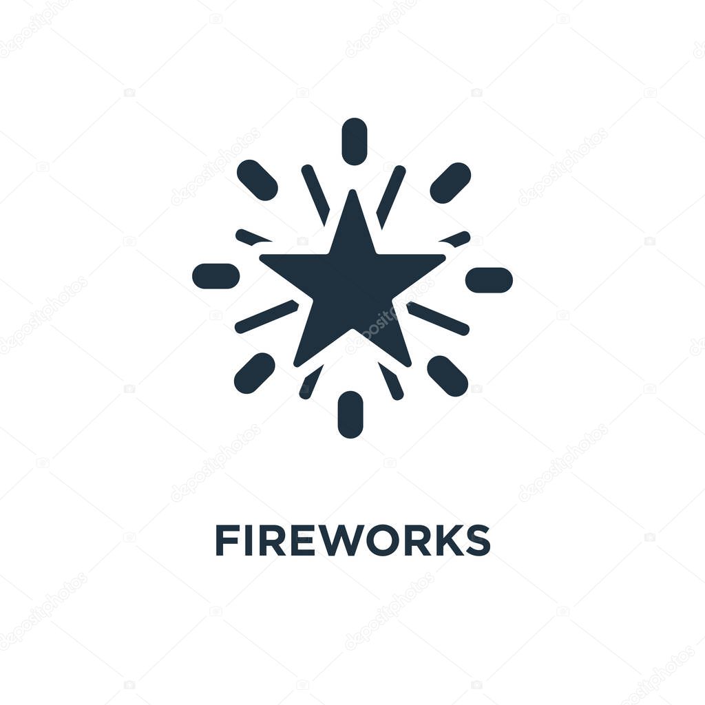 Fireworks icon. Black filled vector illustration. Fireworks symbol on white background. Can be used in web and mobile.