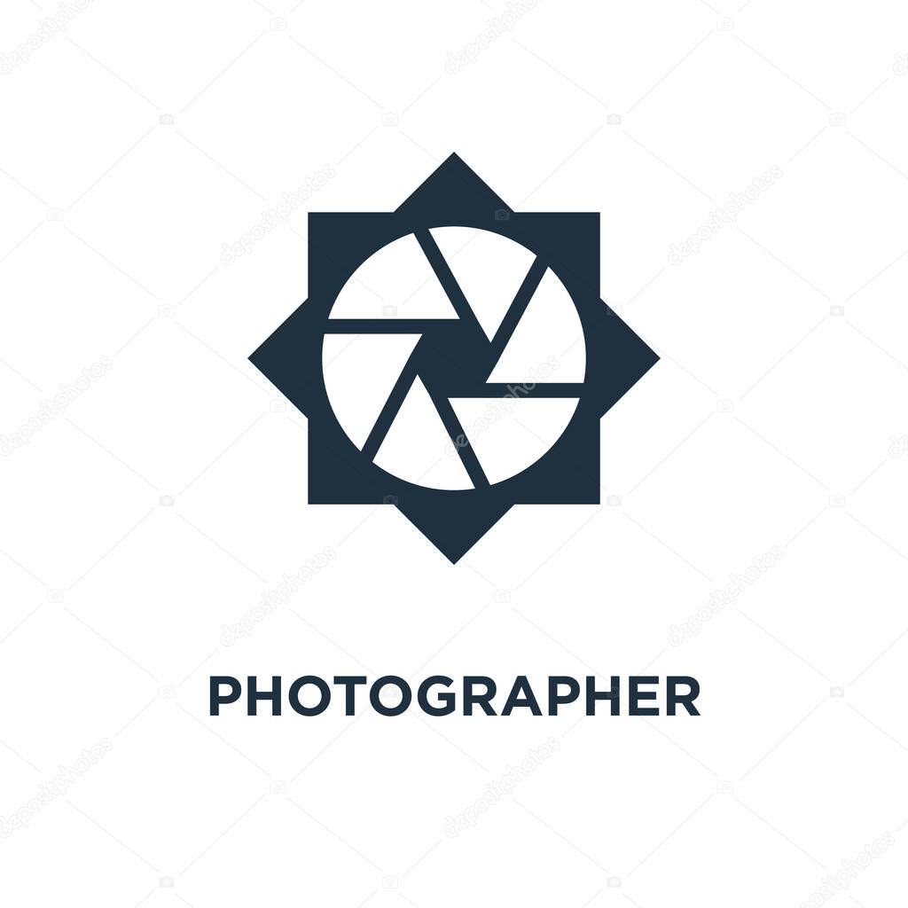 Photographer icon. Black filled vector illustration. Photographer symbol on white background. Can be used in web and mobile.